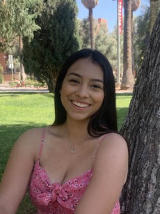 Woman wearing pink dress sitting on green grass against a tree